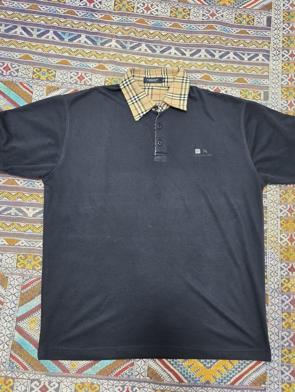 Burberry Blue Polo Shirt with Beige Check Collar
